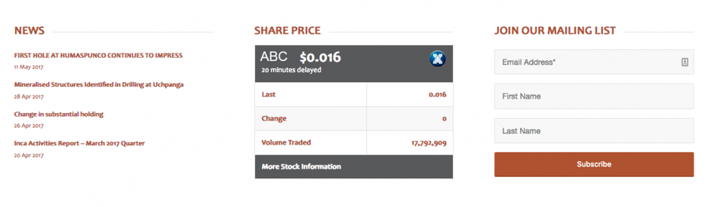 Latest Announcements List, Share Price snippet and Mailing Chimp Sign up