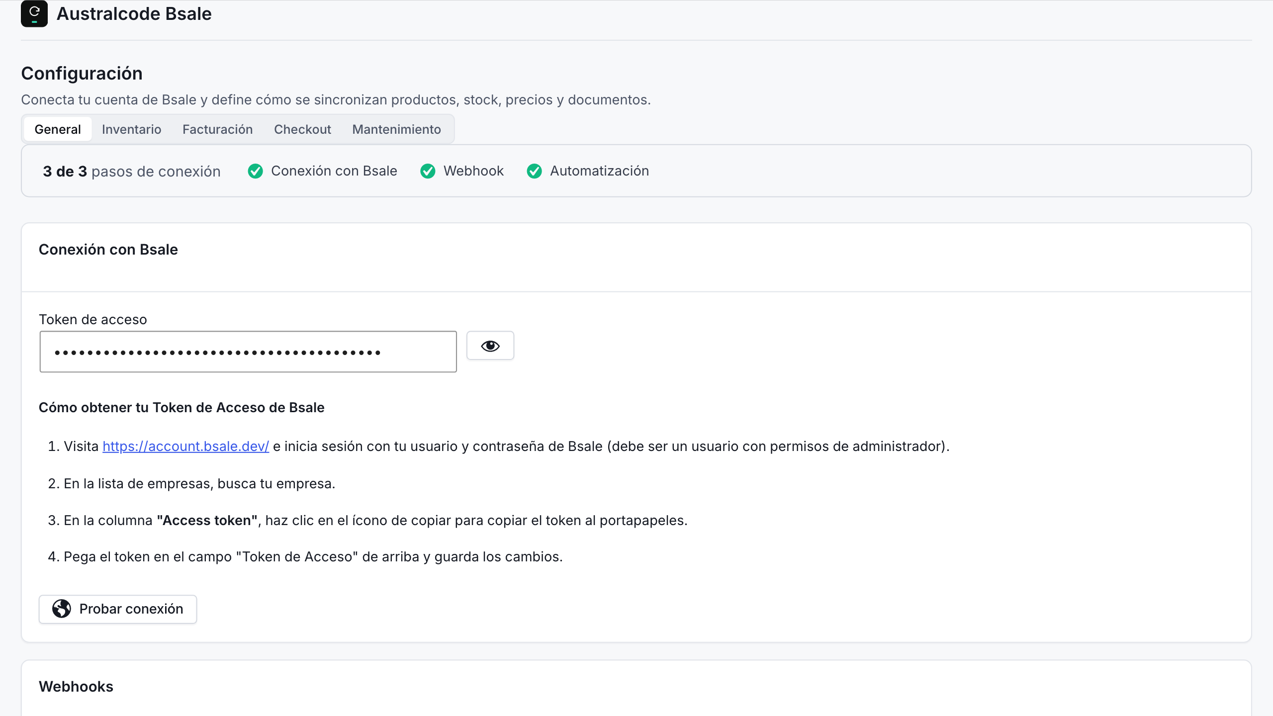 Configuration page with Bsale API connection, default office, and document type preferences.