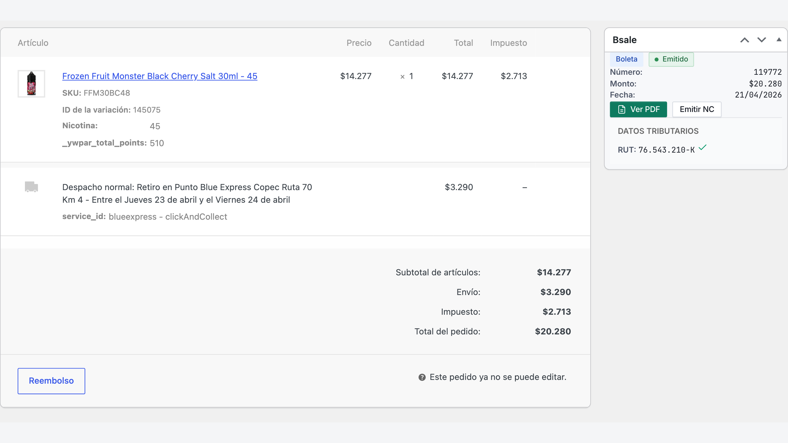Order metabox with Bsale document status, PDF link, and re-emit controls.