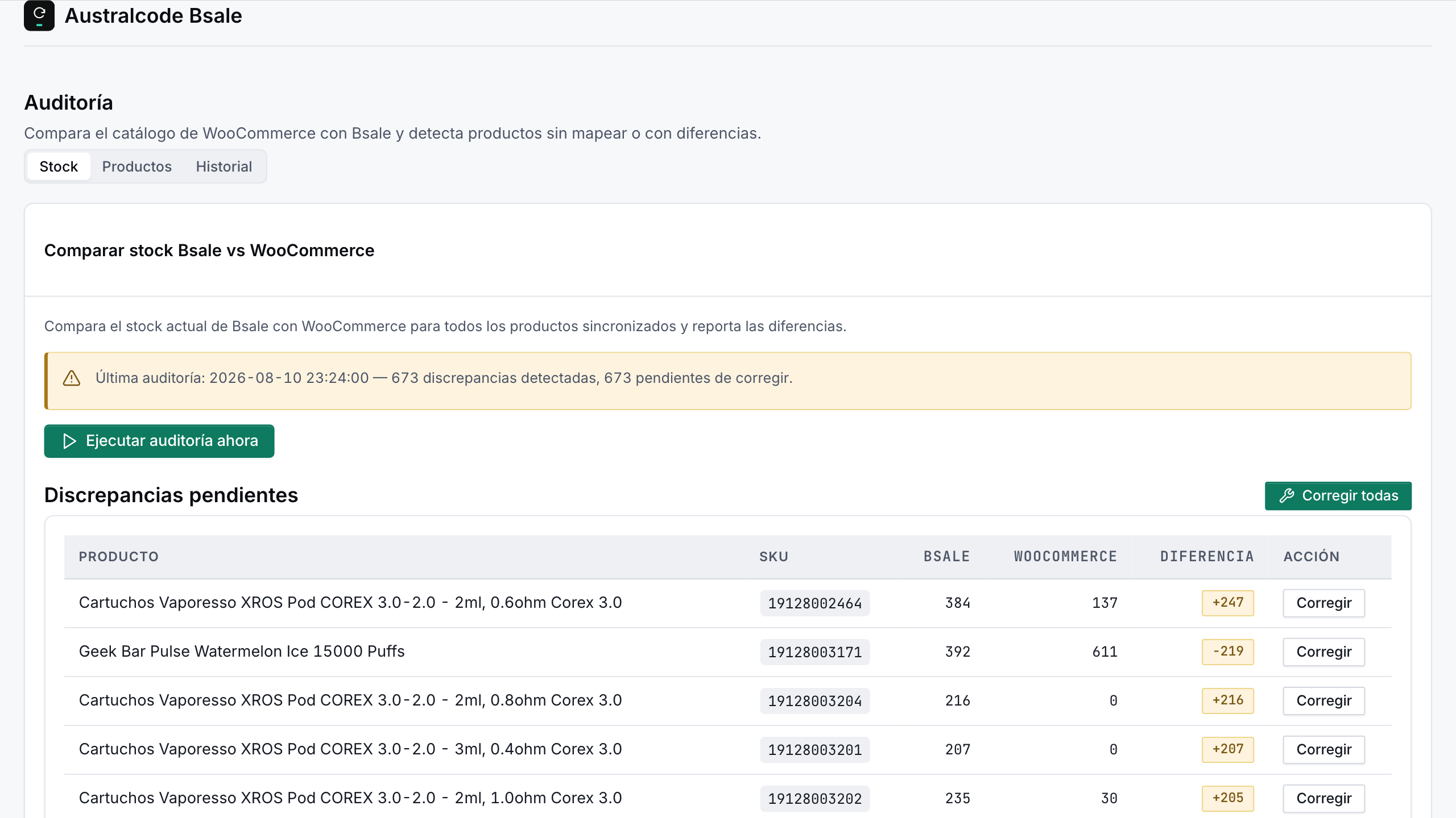 Stock audit interface showing discrepancies between WooCommerce and Bsale.