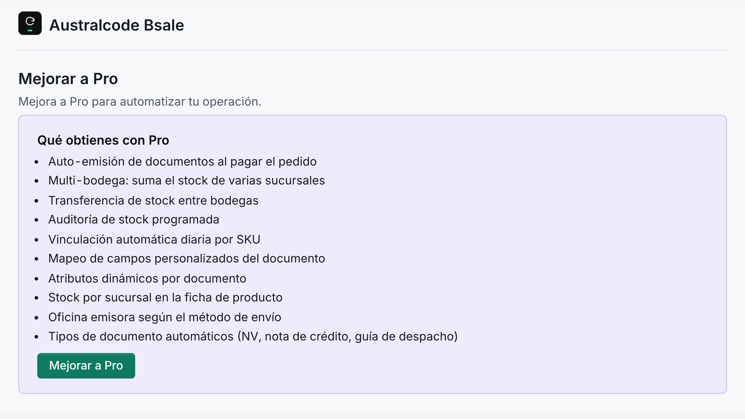 Upgrade page showing the Pro features (Australcode Bsale &rarr; Upgrade).