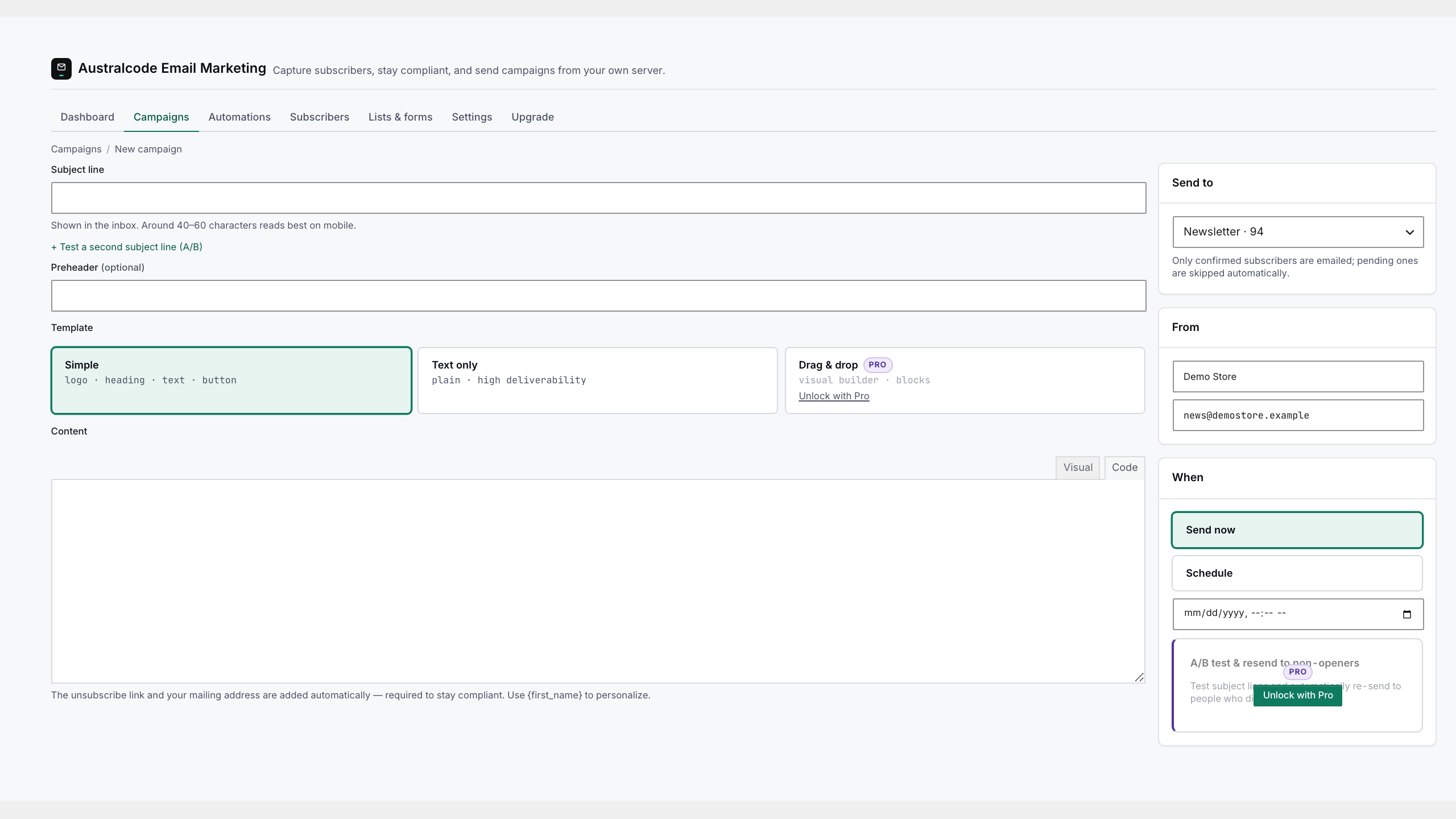 Compose a campaign — subject, template, rich-text body, send now or schedule.