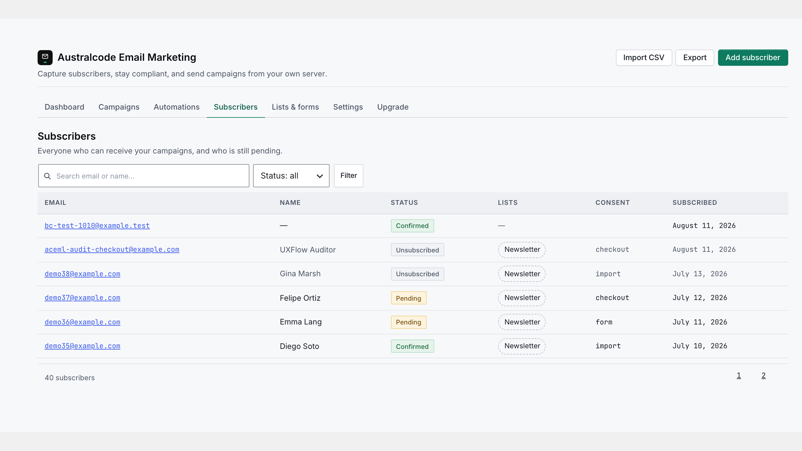 Subscribers — status, lists, and the consent record for every contact.