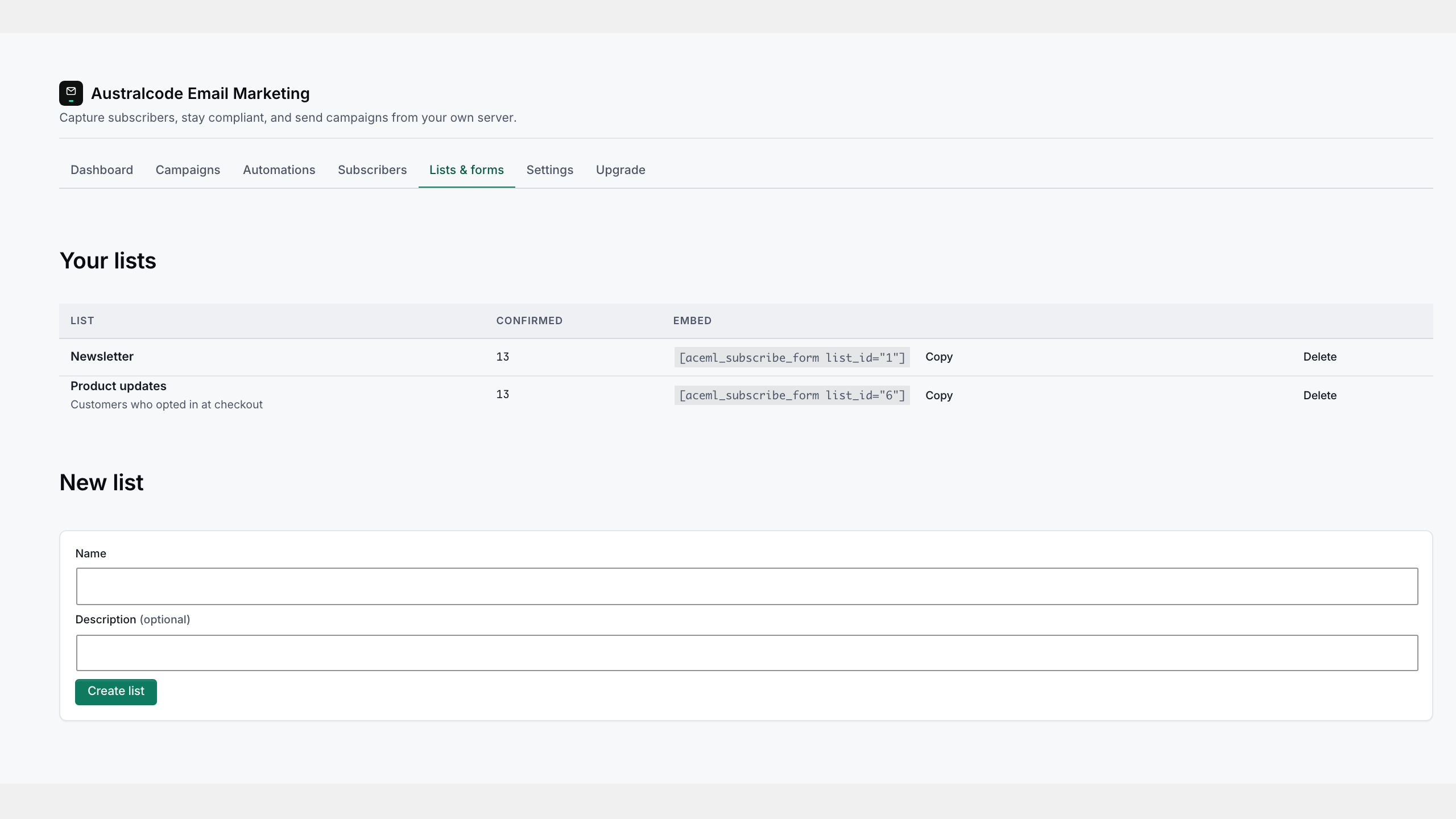 Lists & forms — create lists and embed the subscribe form with a shortcode, block, or widget.