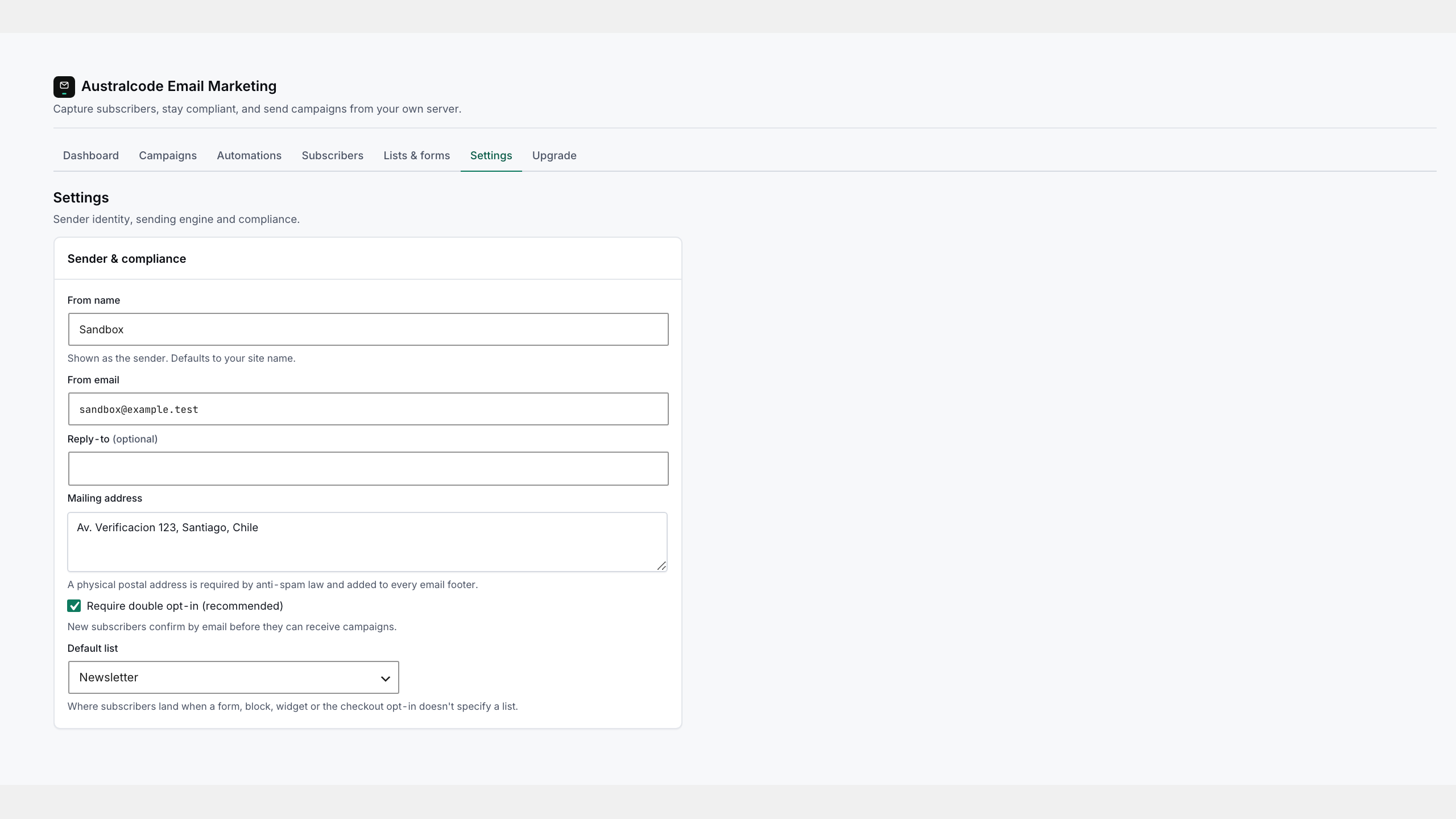 Settings — sender identity, the physical mailing address for the footer, double opt-in, and batch size.