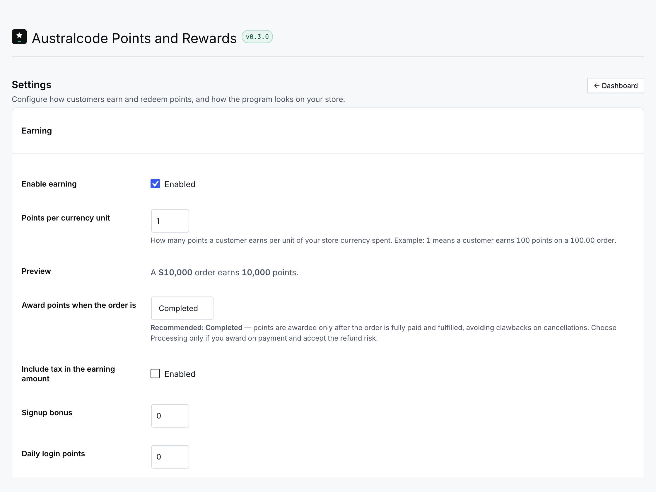 Settings — configure earning, redemption and display, with inline guidance and a recommendation for each non-obvious option.