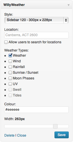 Use the simple widget creator to select a widget type, location, weather types and more