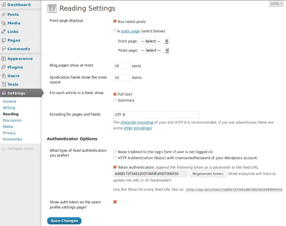 Authenticator's setting options at Settings → Reading.