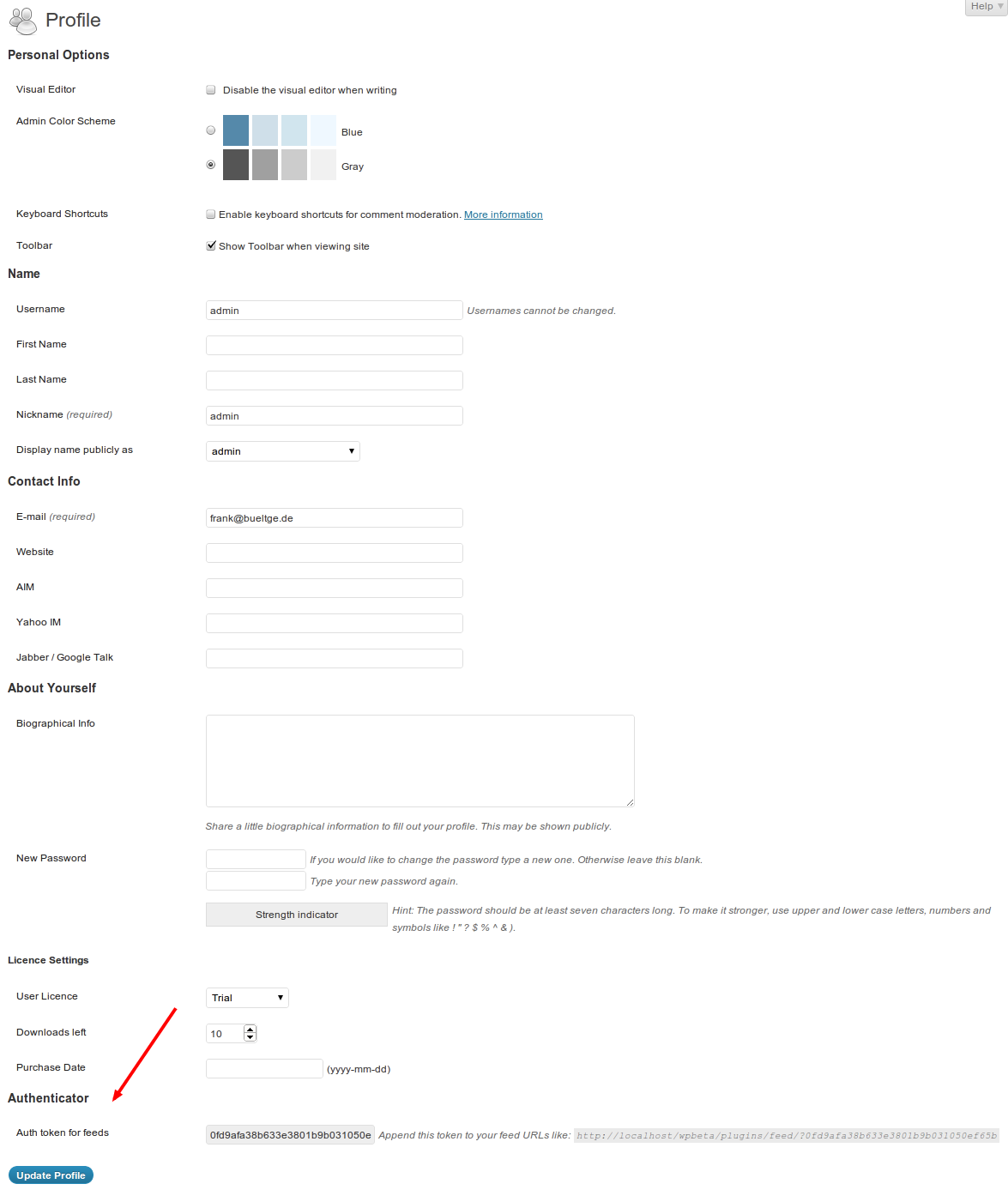 Auth token for feeds is displayed on the user's profile settings page.