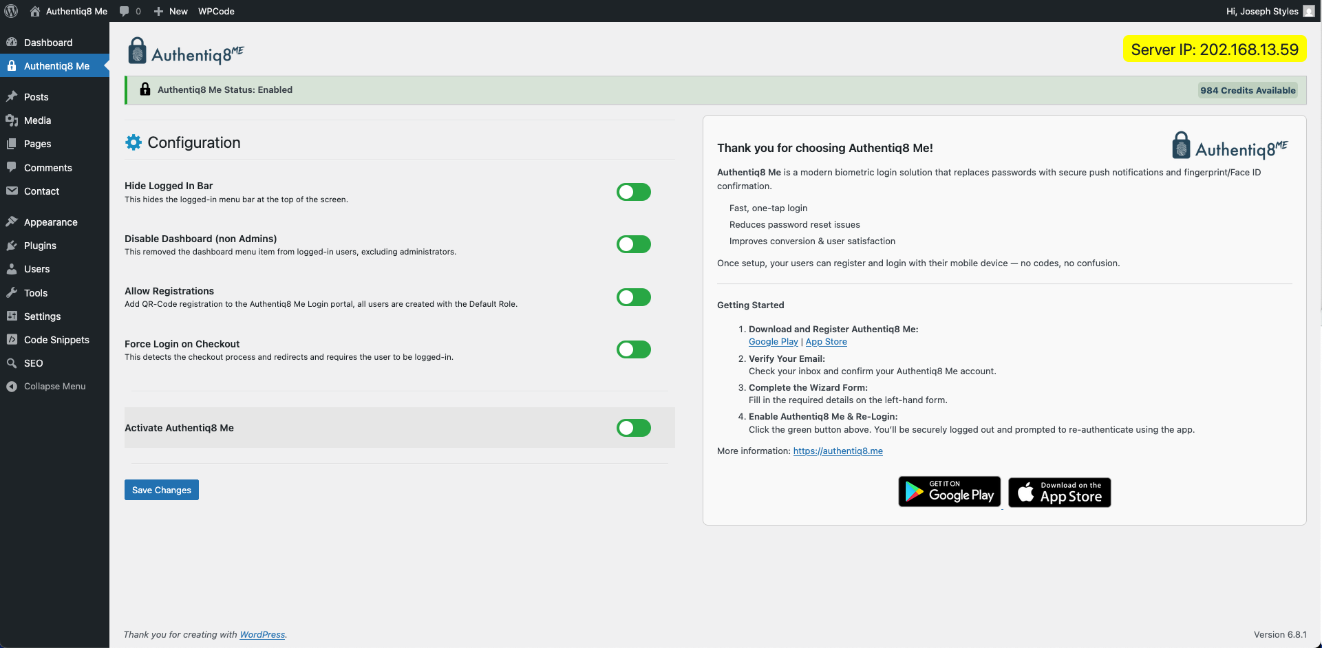 Authentiq8 Me Admin Configuration panel.