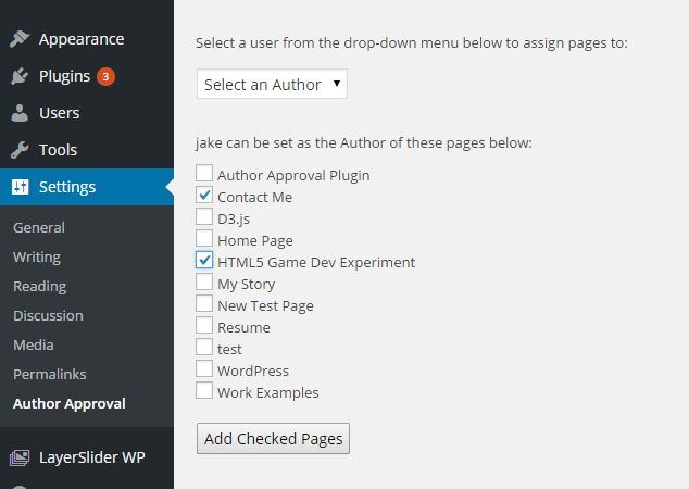 This is a screenshot of the options page for the plugin with an Author selected