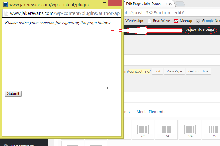This is a screenshot of the 'Reject This Page' Link and the associated popup form.