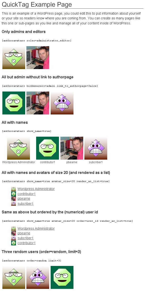 Examples of what the <code>[authoravatars]</code> shortcode can do.