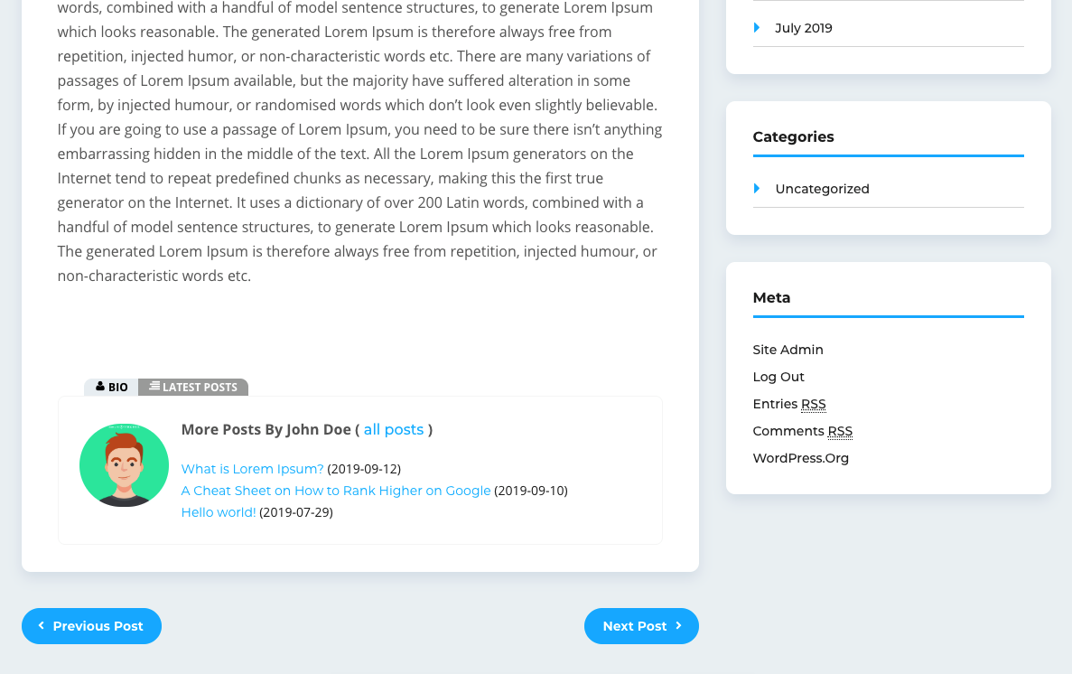 Author Bio showing with latest post tab