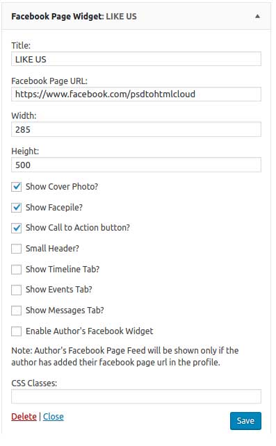 Author Facebook Page Widget - Admin Preview