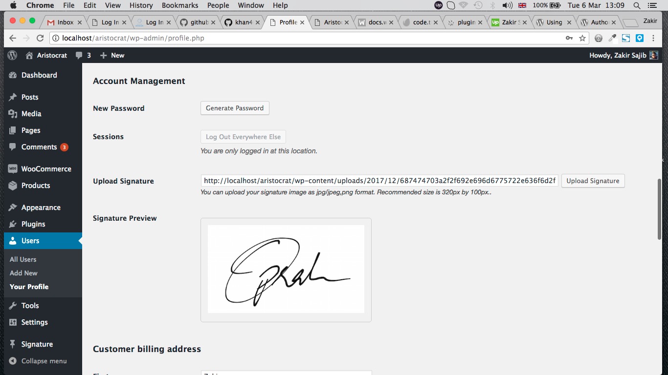 Signature in user profile