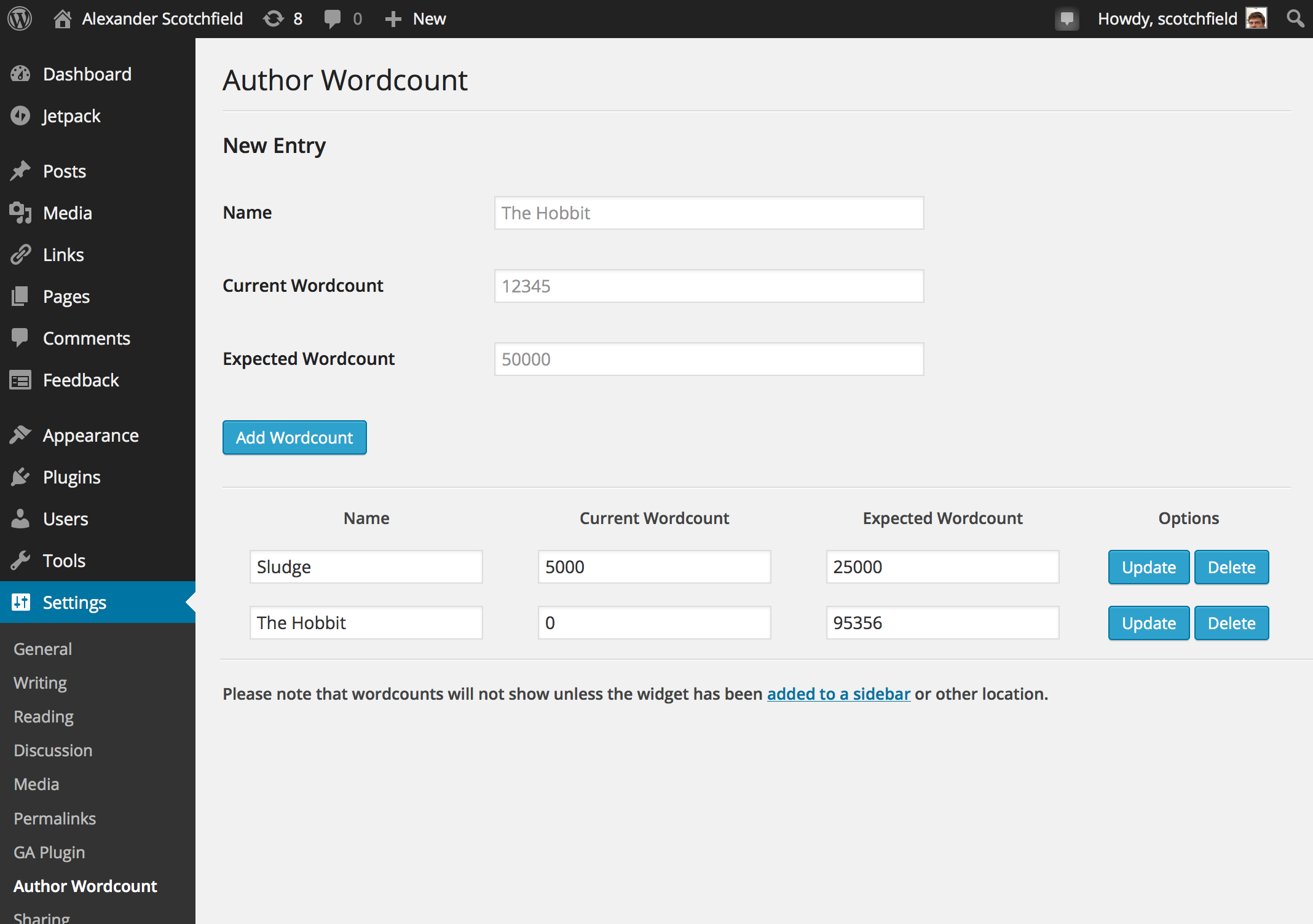 A view of the admin page, where a site owner can create new pieces of