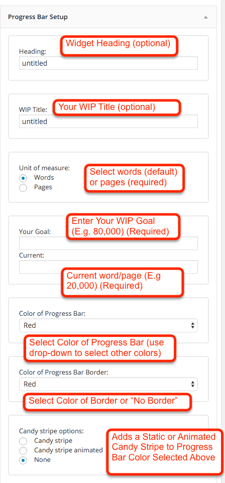 Data that can be entered in widgets to setup progress bar.