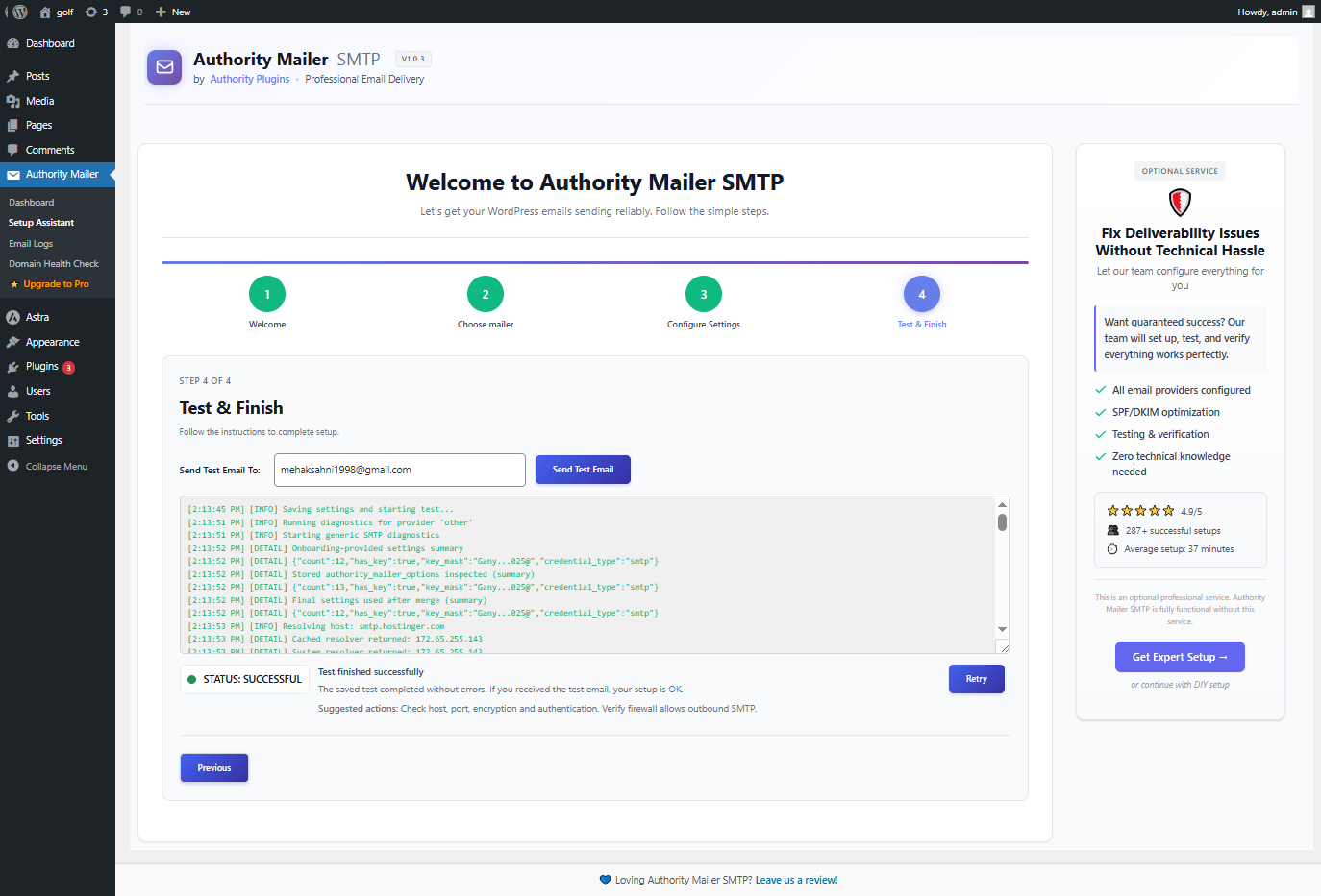 Send a test email and confirm successful email delivery
