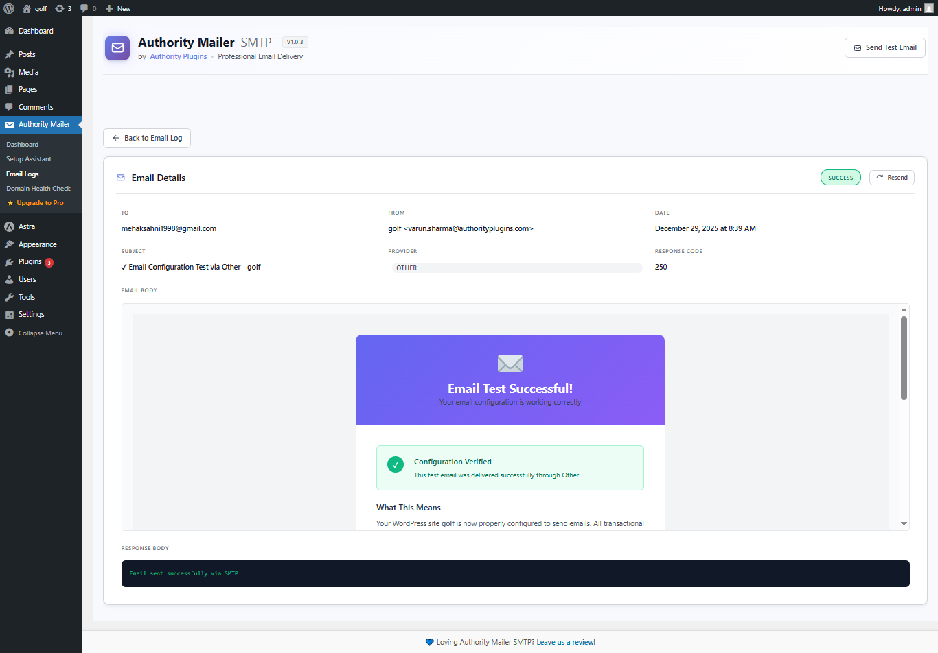 Detailed email log view with delivery status and response codes