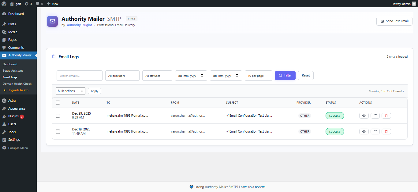 Searchable email logs to monitor WordPress email activity