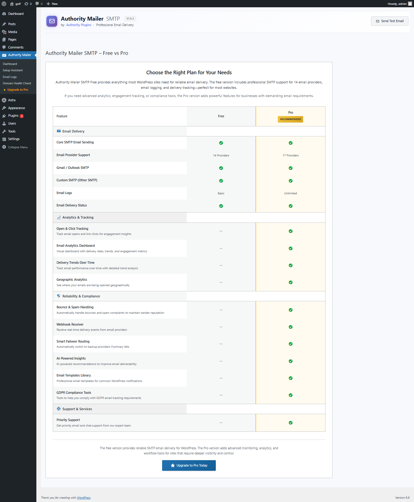 Free vs Pro feature comparison for advanced email logging and analytics