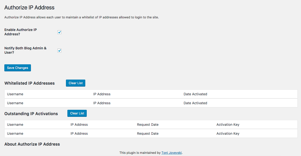 The admin panel of the plugin showing the default values.