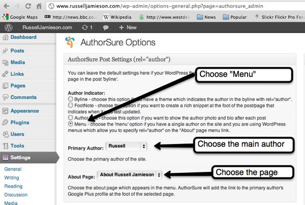 Example of setting up a menu link to indicate rel=author on a single author blog