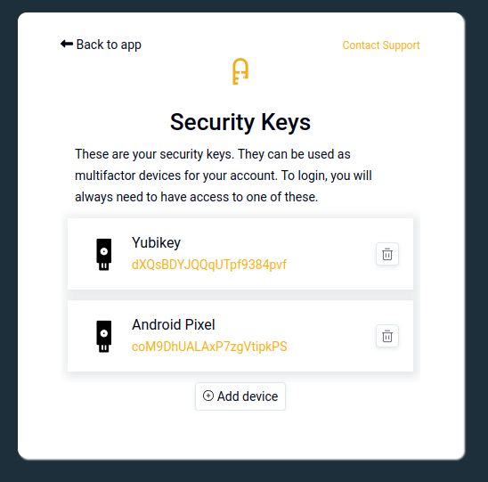 Support security keys for Passkeys and MFA.