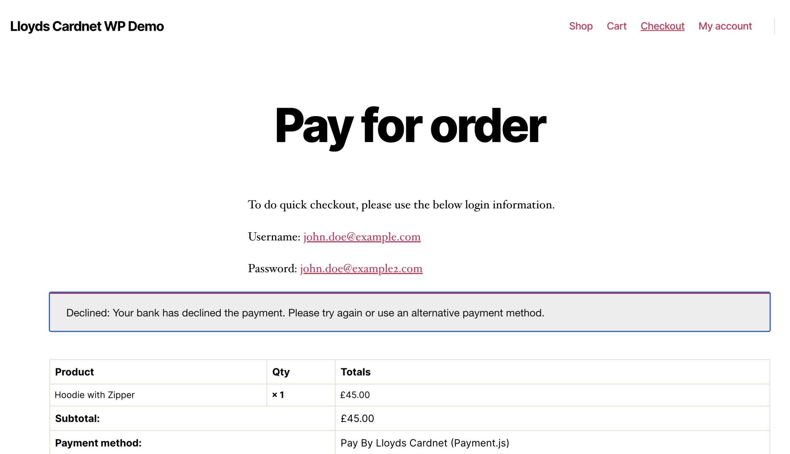 Payment Failed Page - Clear error messaging when a payment is declined, allowing customers to retry with alternative payment methods