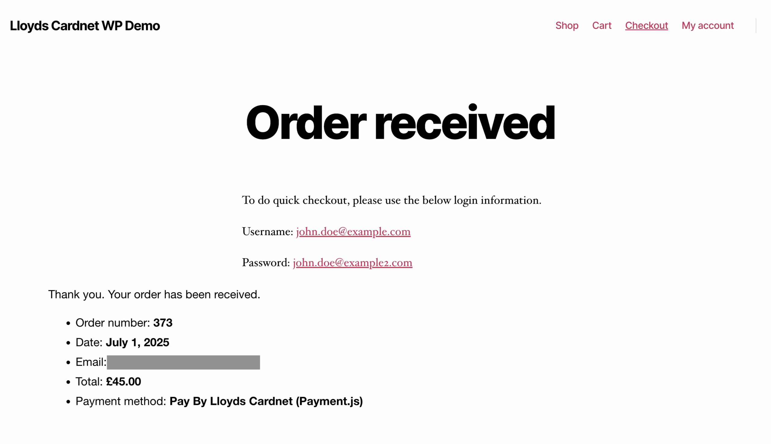 Order Confirmation - Customer order received page showing successful transaction completion with order details