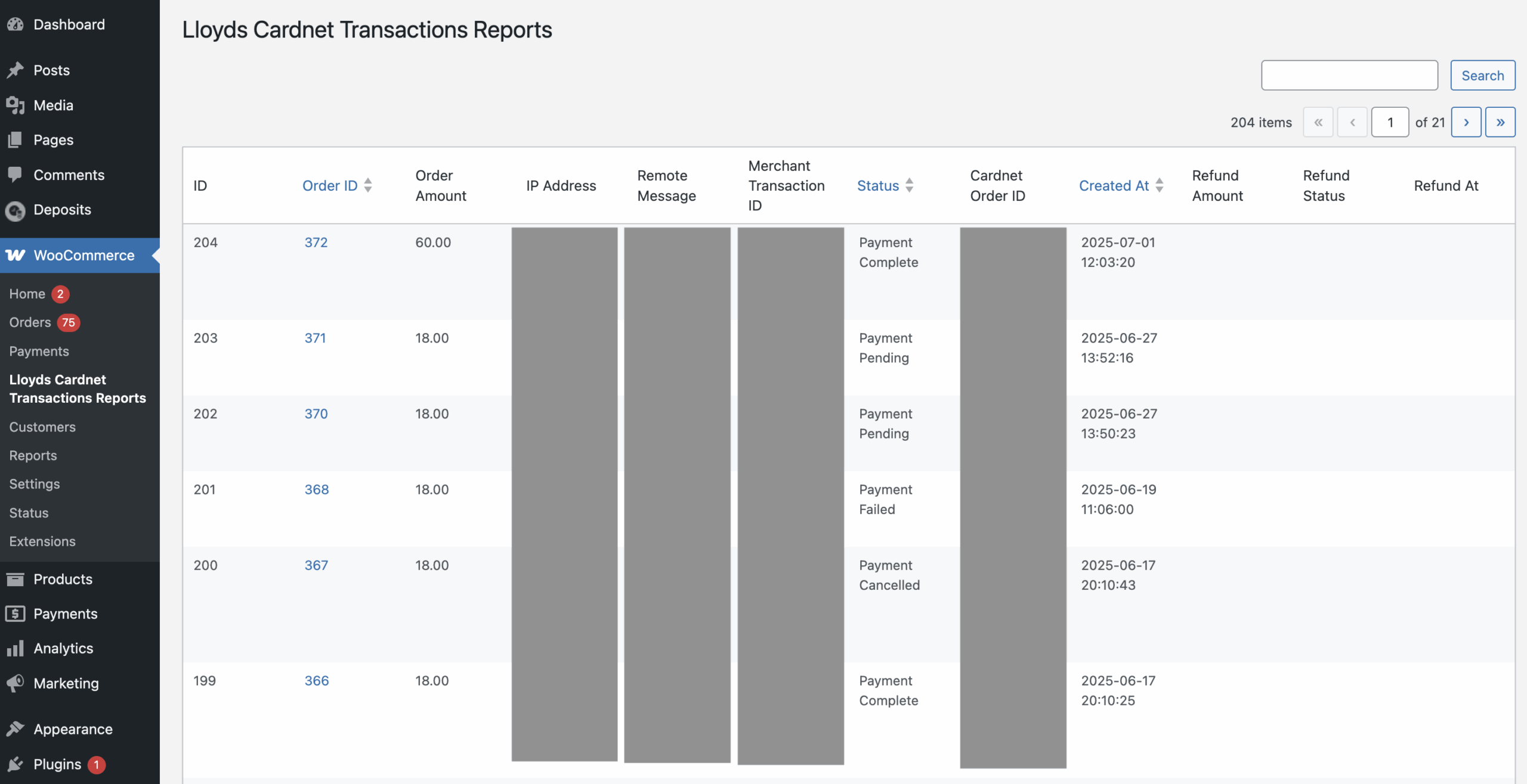 Transaction Reports - Comprehensive transaction reporting dashboard showing payment status, order IDs, and transaction history