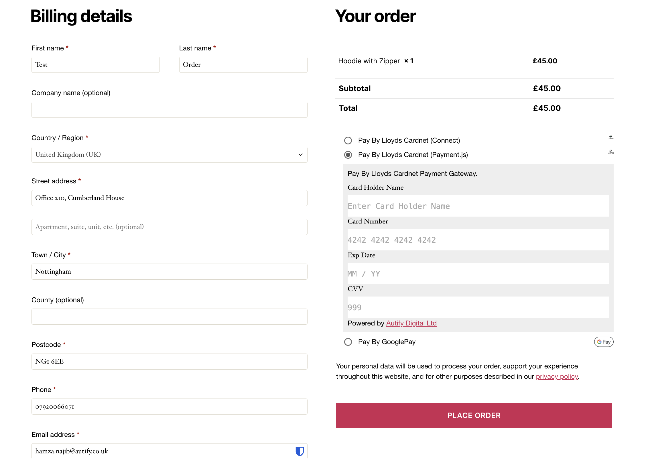 Checkout Experience - Embedded payment form (Payment.js) integrated directly into the WooCommerce checkout page with card details input and Google Pay option.