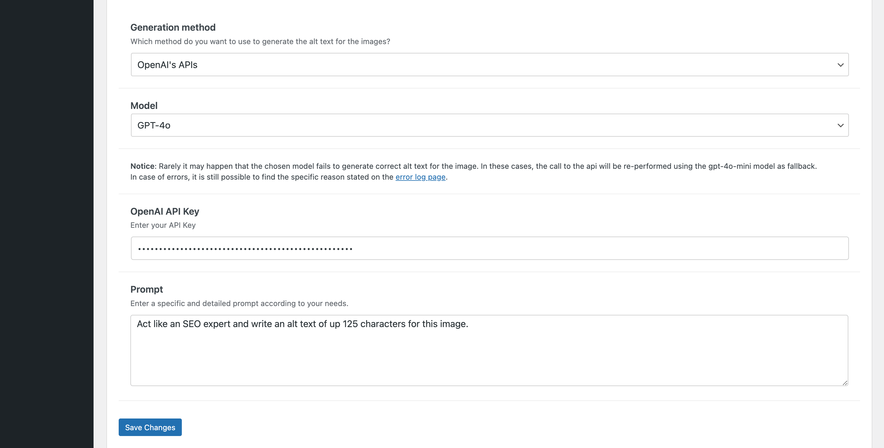 OpenAI's APIs method options page
