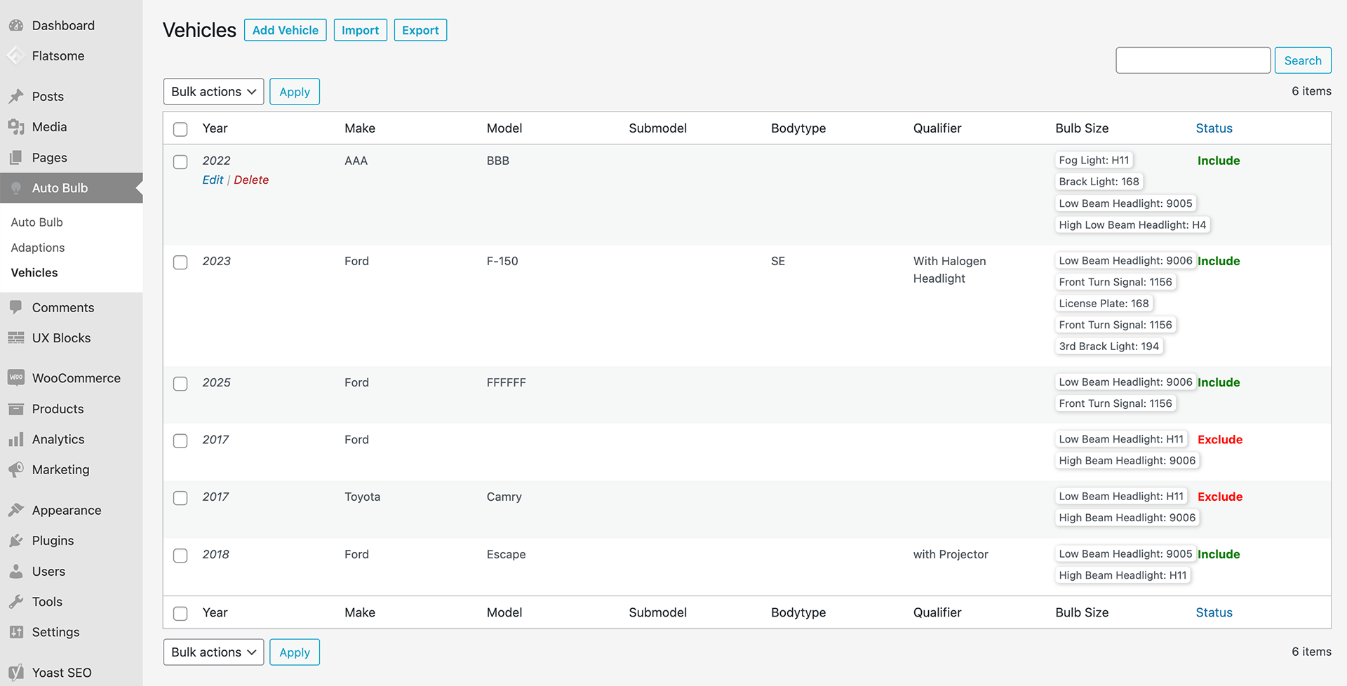 Add custom vehicle data. The vehicles can be included or excluded from the online database. Import or export the vehicle data as CSV file.