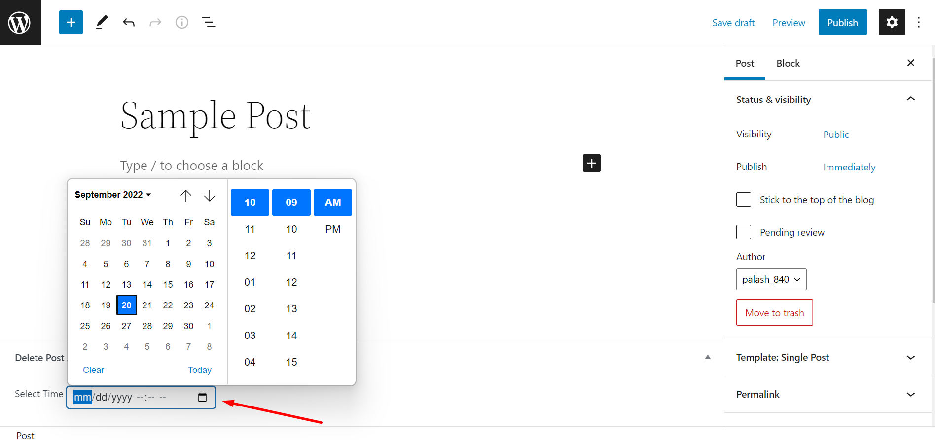 Select a time and date from the custom meta box field of this plugin