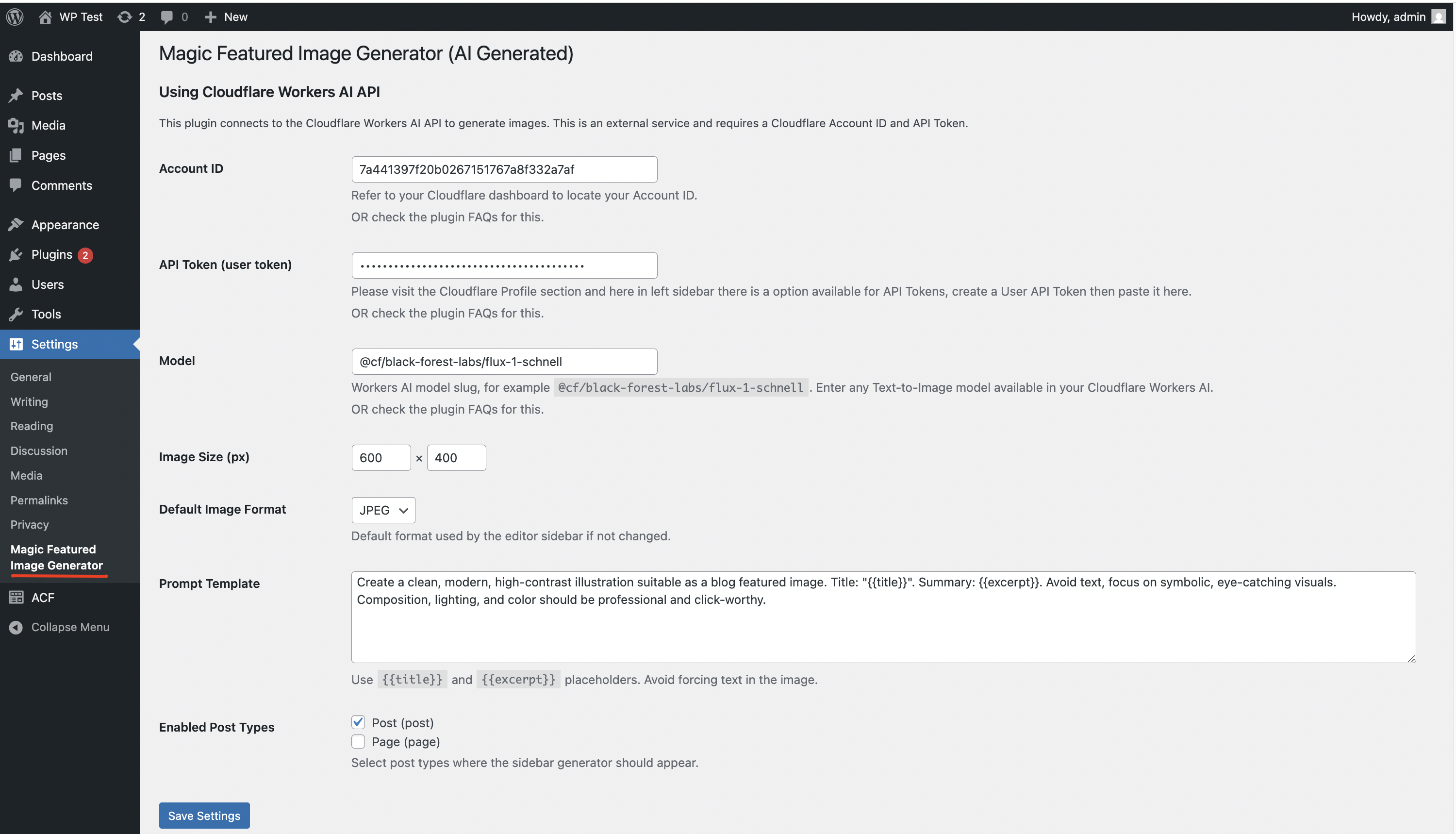 Plugin settings page