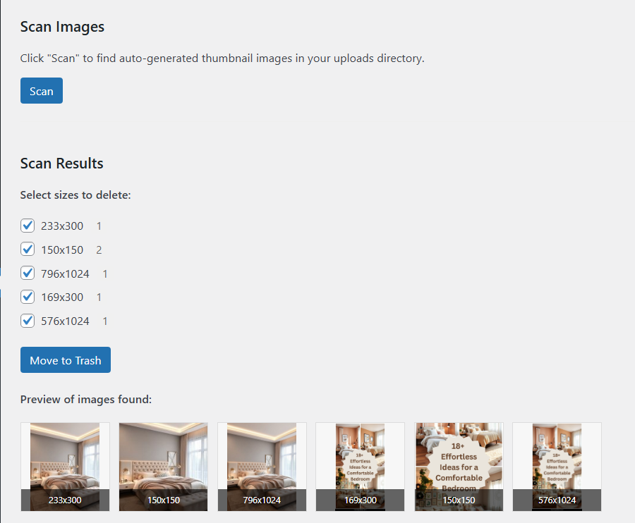 Scan results with image previews.