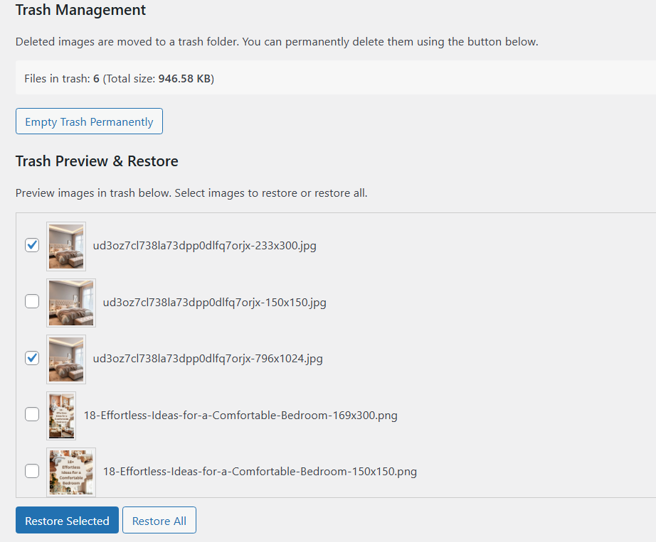 Trash management with preview and restore options.