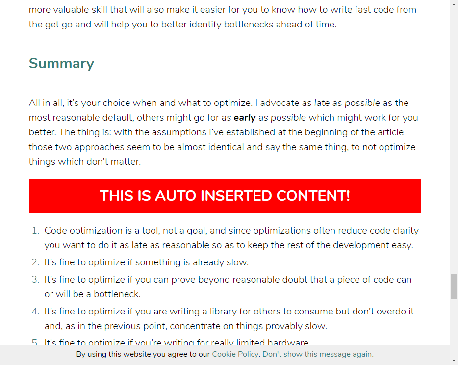 Inserted content is visible in a blog post