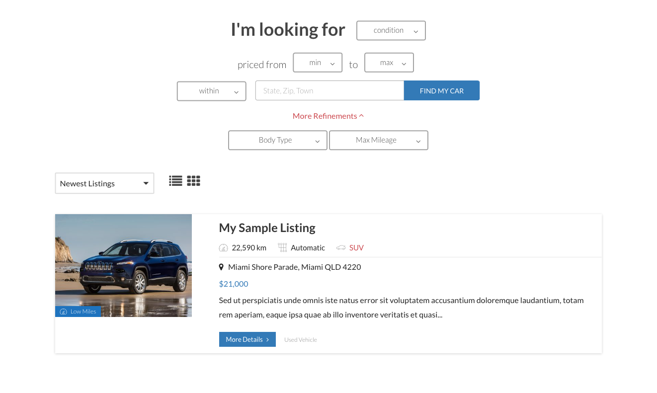 The search form and archive view of listings