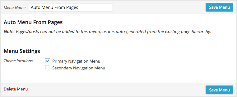The Auto Menu From Pages menu in action. Looks the same as any other menu, just simplified!