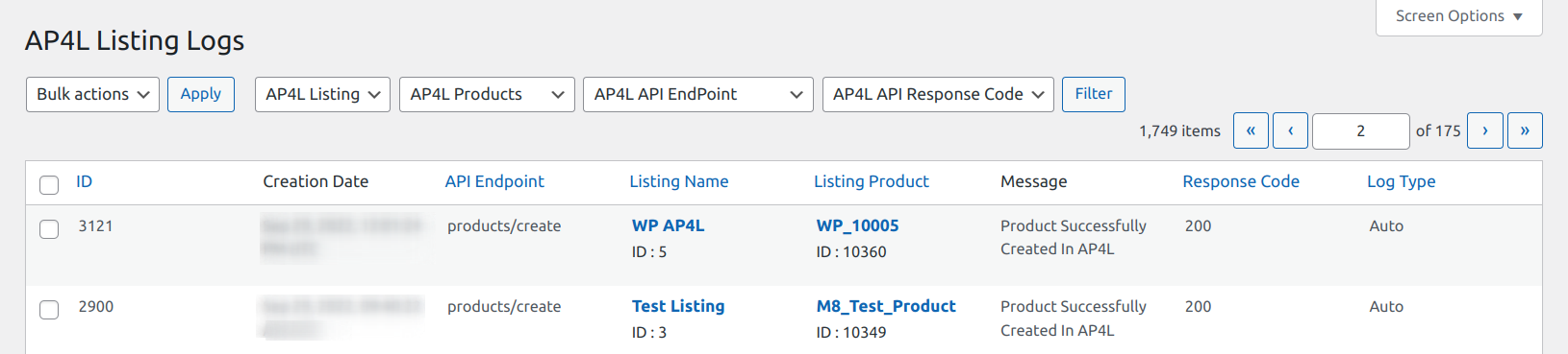 Listing Logs section