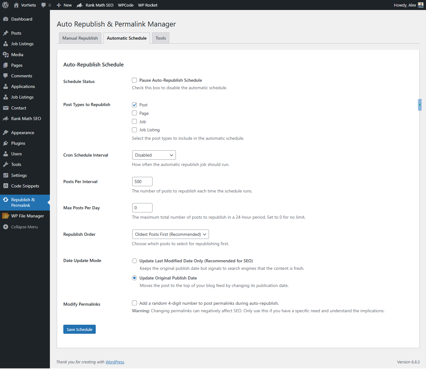 **Powerful Automatic Scheduling**: Full control over your content refresh strategy, including post types, interval, order, and the SEO-friendly date mode.