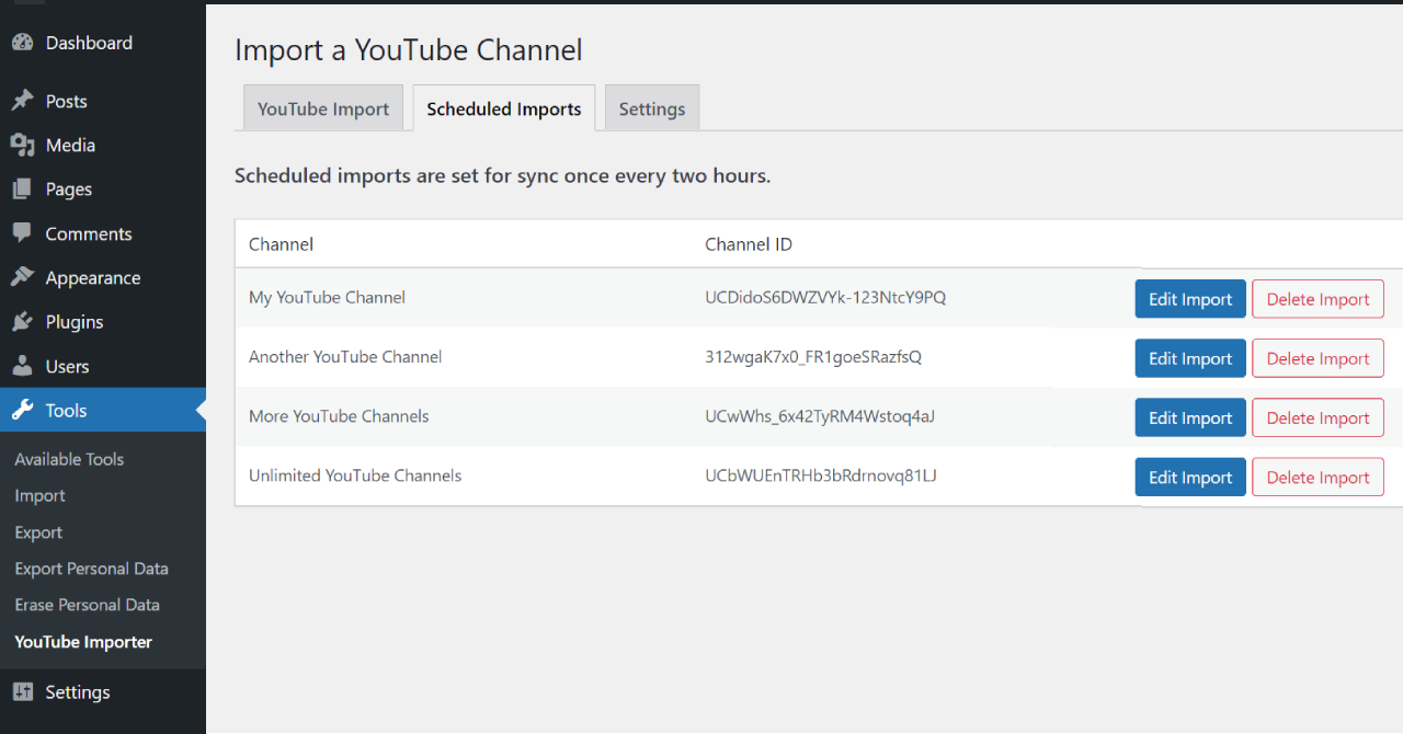 Add multiple continuous import processes of separate YouTube channels / playlists.