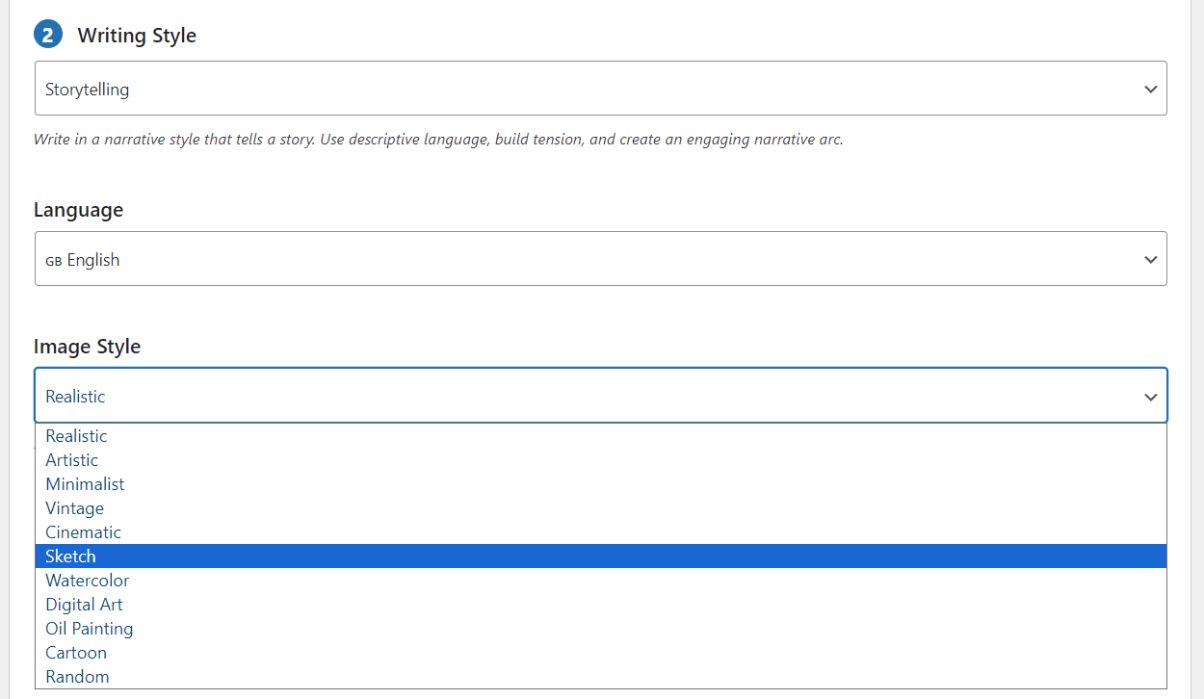**Style Selection** - Choose from various writing and image styles for your content.