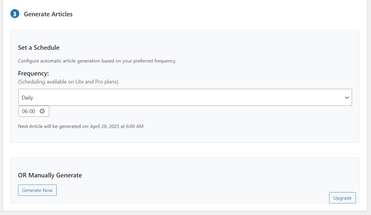 **Scheduling Options** - Set up automated article generation schedules.