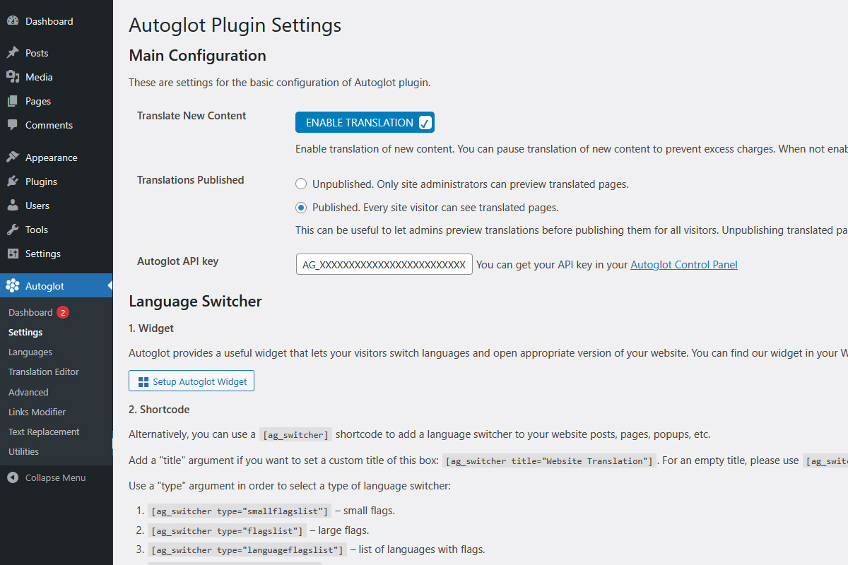 Choose any type of language switcher: widgets, shortcodes, or a floating box.