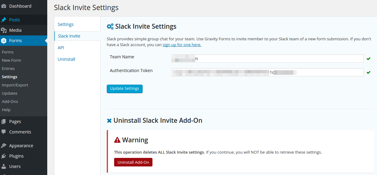 Slack invite admin settings