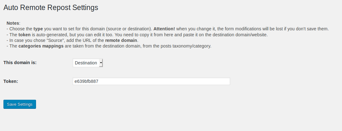 The settings for the "Destination" type